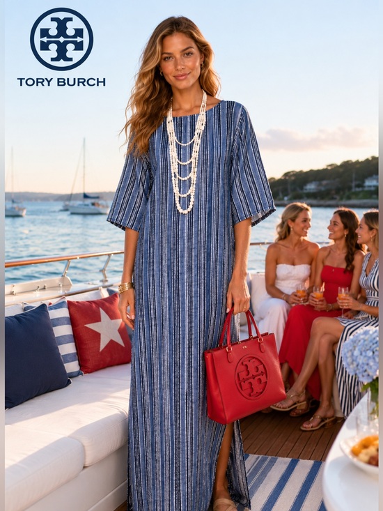 Tory Burch Dresses & Skirts - Tory Burch, Navy White Striped Cotton Kaftan Dress Resort Tunic Boho EUC Size L